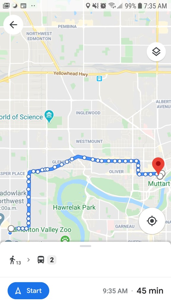 Screenshot of Google Maps showing walking and bus directions in Edmonton. 